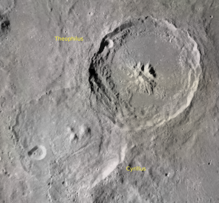 Lunar craters Theophilus and Cyrillus.  Credit:  NASA/LRO mapped on Virtual Moon Atlas.