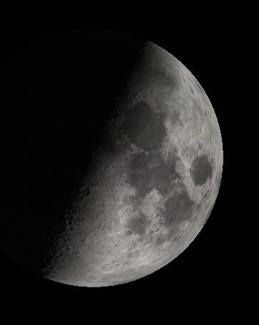 Binocular or low power telescope view of the first quarter Moon